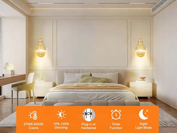 GOODATE 2 Pack Plug in Wall Sconces with Remote Control, Dimming, Adjustable Colors 2700K-6500K, Swing Arm Wall Lamps with Night Light & Timer, Plug-in or Hardwired, LED Bulbs Included, Oak Finish