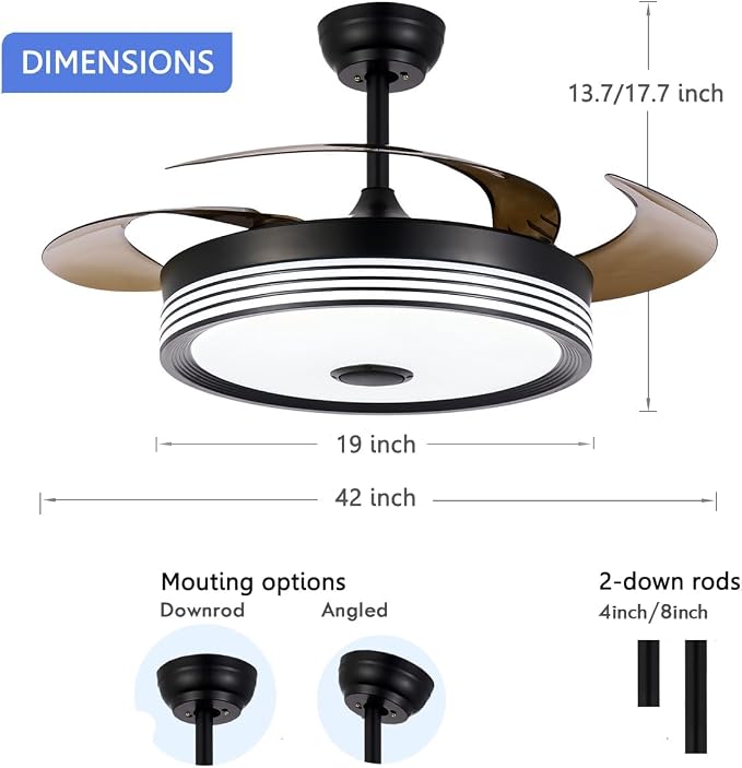 42 inch Modern Retractable Ceiling Fan with Lights and Remote Control, 6Speed Dimmable Fandelier, Smart Ceiling Fan Light with Bluetooth Speaker, RGB Color Reversible Bedroom Living Room Black
