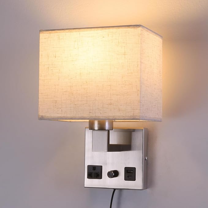 Bedside Wall Lamp for Bedroom, Plug in Wall Sconce - Dimmable Switch with AC Outlet & USB Charging Port, Fabric Shade, Black Wall Mounted Light for Living Room, Hotel (Satin Nickel)