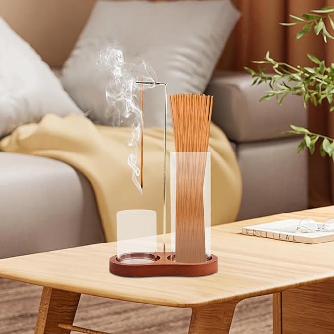 2 in 1 Incense Holder for Sticks, Anti-Ash Flying Incense Burne with Glass Ash Catcher and Incenses Sticks Storage, Hang Upside Down for Yoga, Spa, Meditation, Wooden Home Decor