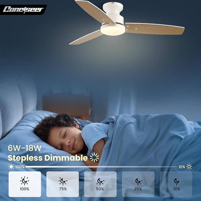 42 Inch Ceiling Fans with Lights and Remote, Bedroom Living Room Office, Flush Mount, 6CCT Dimmable, Dual Color 3 Blades 6 Speed Reversible Quiet DC Motor, White/Wood Grain, 2 Pack