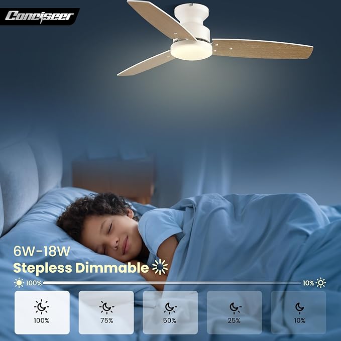 Modern Ceiling Fans with Lights, 42 Inch Ceiling Fan with Light and Remote, Bedroom Living Room Office Outdoor, Flush Mount,18W 6CCT 3 Blades 6 Speed Reversible Quiet DC Motor, White/Wood Grain