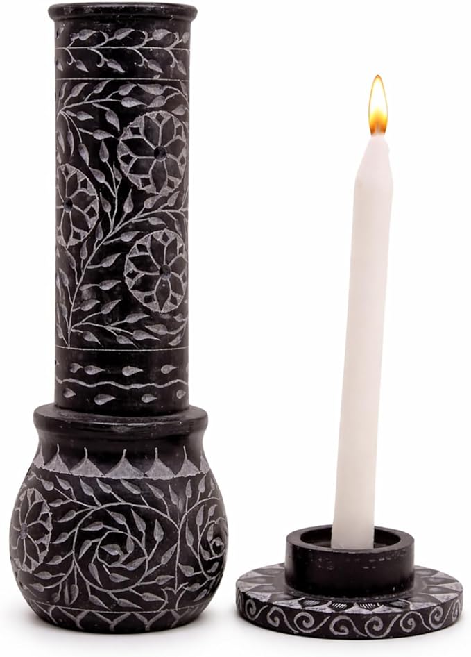 Hand Carved Marble Soapstone Incense Stick Holder – Black Incense Burner with Ash Catcher Base, Tea Light & Camphor Holder, Decorative Home & Puja Decor (3 x 3 x 10 Inch).