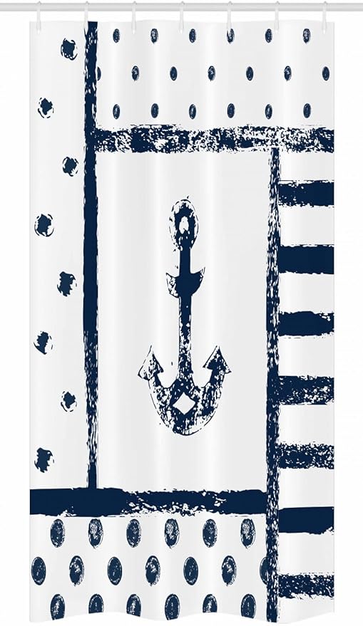 Ambesonne Anchor Stall Shower Curtain, Grunge Murky Boat Marine Silhouette Polka and Stripe Retro Navy Theme Art, Fabric Bathroom Decor Set with Hooks, 36" W x 72" L, Dark Blue White