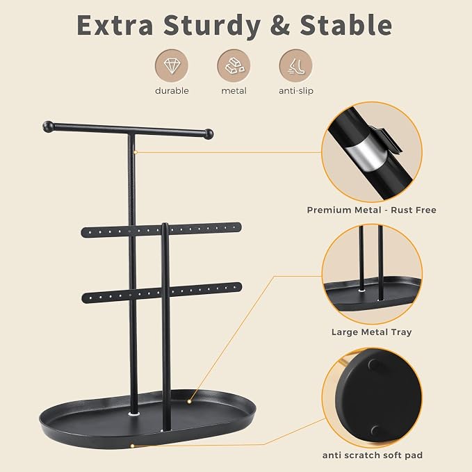 Saydear 3-Tier Jewelry Organizer Stand, Earring Holder Necklace Tree | Black Metal Earring Rails With Top Necklace Bar, Oval Tray Base, Ideal Vanity Dresser Decor, Gift For Her