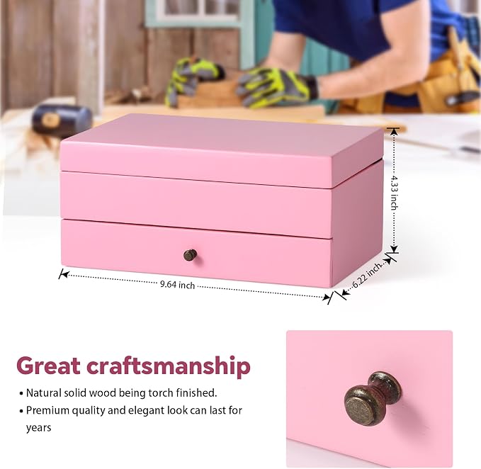 Meangood Jewelry Box Organizer for Women, 2 Layer Large Jewelry Storage Case, Rustic Wooden Jewelry Box with Mirror & Ring Tray for Necklace Earring Bracelets Rings, Vintage Style (Pink)