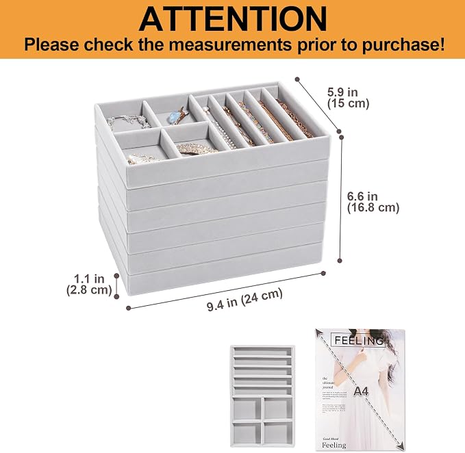 ProCase Stackable Jewelry Organizer Trays for Drawers, Jewelry Drawer Inserts Container Display Case Storage for Earring Necklace Rings Bracelet with Removable Dividers -Grey, 6 Layers