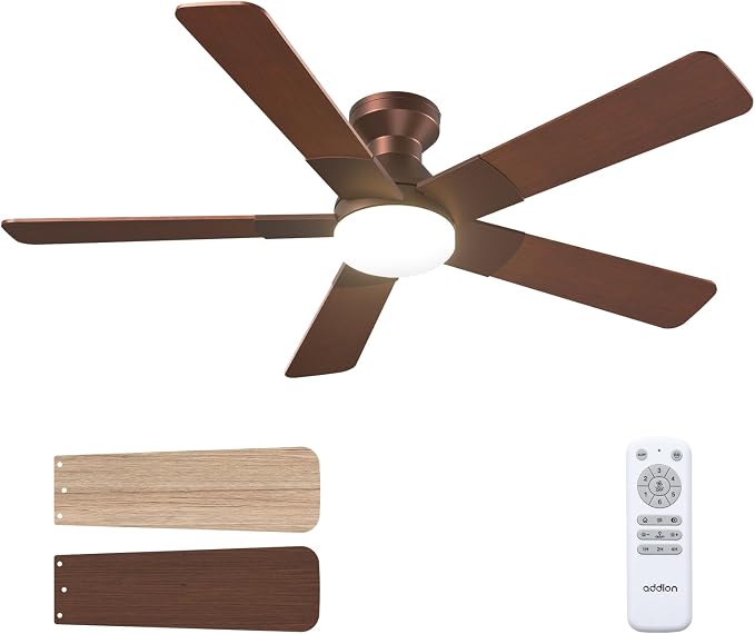 addlon Ceiling Fans with Lights, 52 Inch Low Profile Ceiling Fan with Light and Remote Control, Flush Mount, Reversible, 3CCT, Dimmable, Quiet, Brown Ceiling Fan for Bedroom Indoor/Outdoor Use