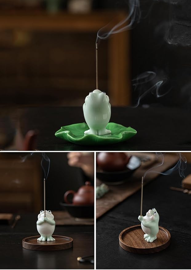 Frog Incense Holder for Sticks, Ceramic Incense Holder Cute Frog Figurines Incense Stick Holder, Insence-Sticks Burner Incense Burner Holder for Yoga Meditation Home Office Decor (with Ash Catcher)