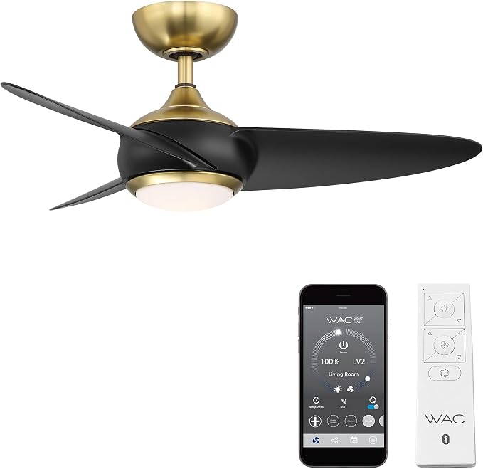 WAC F-094L-SB/MB Loft 38" Outdoor Ceiling Fan with LED Lights and Remote, Soft Brass Matte Black