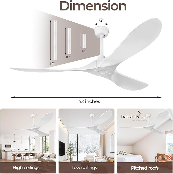 Obabala Ceiling Fan Without Lights,Outdoor Ceiling Fan with Remote, 6-Speed Adjustable Reversible DC Motor for Patio & Living Room (White, 52 in)