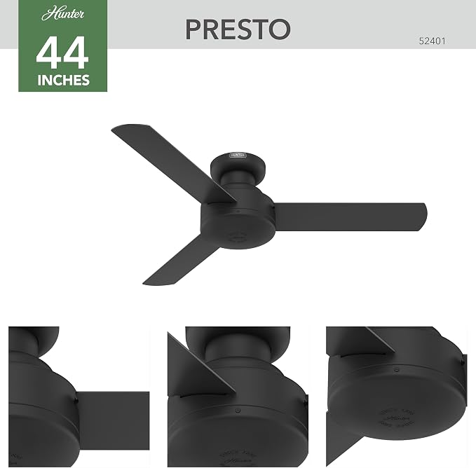 Hunter Presto, Indoor, Ceiling Fan, No Light, Modern, 44 inch, Matte Black | Low Profile Mount, Wall Control, 3 Blades, For Bedroom, Living Room, Kitchen, 52401