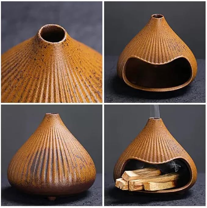 Ceramic Incense Holder, Mini Palo Santo Burner Chimney for Palo Santo Sticks, Cone Incense and Sage Smudging, Handmade Cone Incense Holder Burner for Yoga, Meditation, and Energy Cleansing (Brown 02)