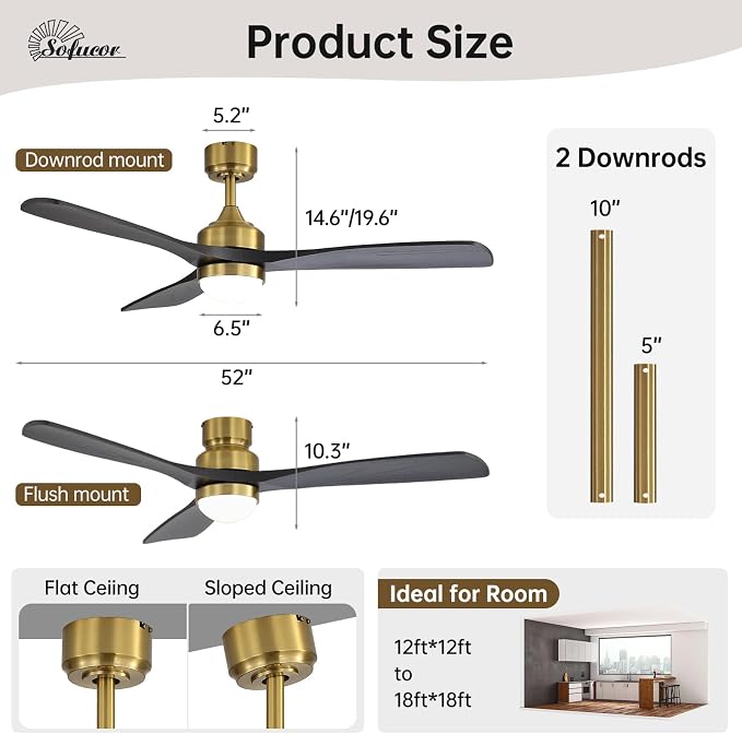 Sofucor 52" Solid Wood Ceiling Fan Lights, Flush Mount & Downrod Mount Ceiling Fan with Lights and Remote, Wood Blades Modern Outdoor Ceiling Fans for Bedroom/Farmhouse/Patio/Indoor