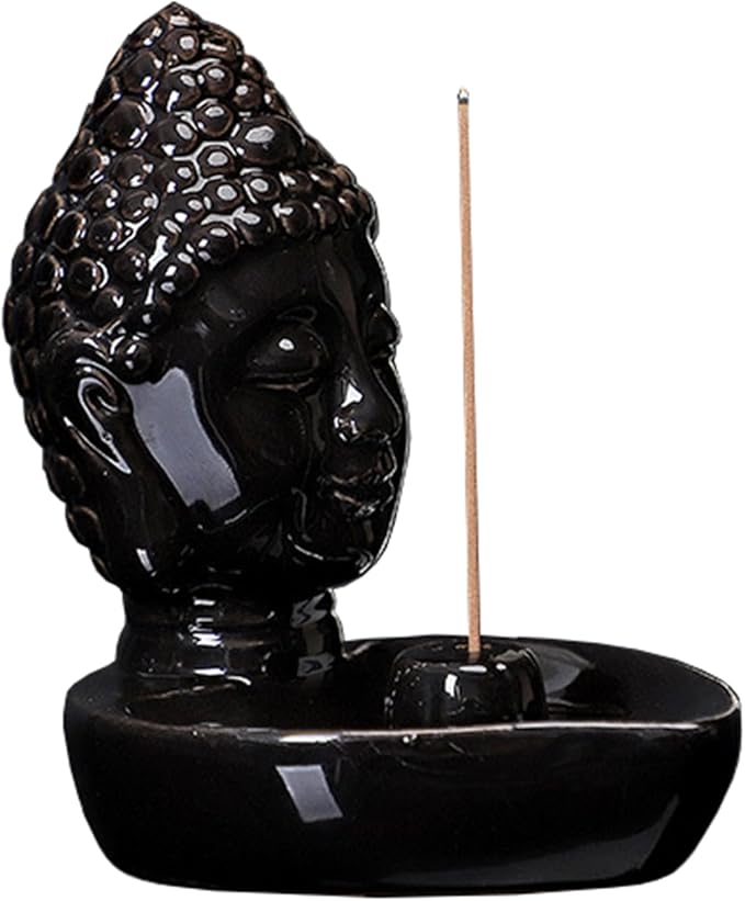 Buddha Head Incense Holder for Sticks, Small Ceramic Incense Burner Healing, Meditaiong, Zen, Timer of Spa or Yoga, with Ash Catcher (Black)