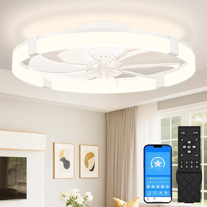 VOLISUN Low Profile Ceiling Fans with Lights and Remote, 23.6in Flush Mount Ceiling Fans with Light, 3000K-6500K Dimmable Fandelier Ceiling Fan, White Bladeless Ceiling Fan for Bedroom