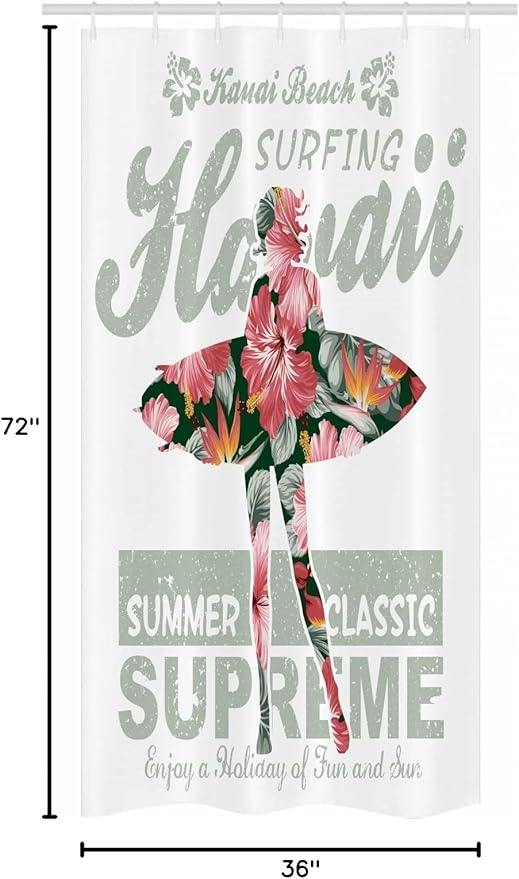 Ambesonne Hawaiian Stall Shower Curtain, Tropical Hawaii Hibiscus Surfing Girl Silhouette Surfboard Retro Themed Artprint, Fabric Bathroom Decor Set with Hooks, 36" W x 72" L, Fuchsia Green