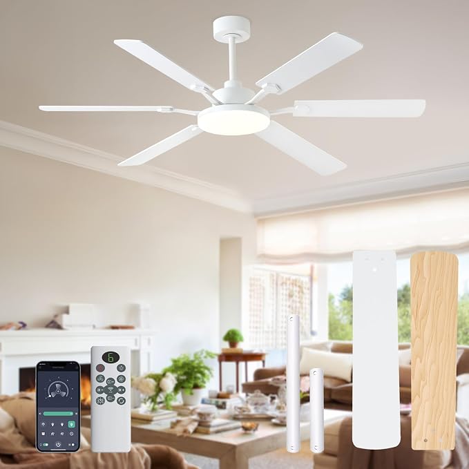 60 Inch Ceiling Fans with Lights, Large Modern White Ceiling Fan with Light and Remote Control, 6 Double Sided Blades, 6 Speed Reversible Motor, Dimmable LED, Silent Timing, Indoor Outdoor Patio Use