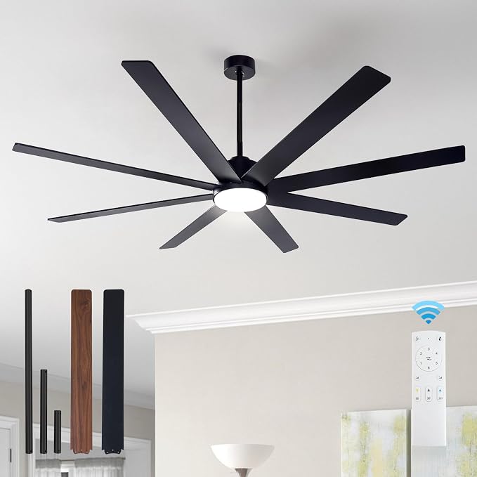Minislak 72Inch Large Black Ceiling Fans with Light and Remote Control,8 Wooden Blades,6-Speed,3CCT,Quiet Reversible DC Motor Indoor Outdoor Ceiling Fan for Patio/Living Room/Garden