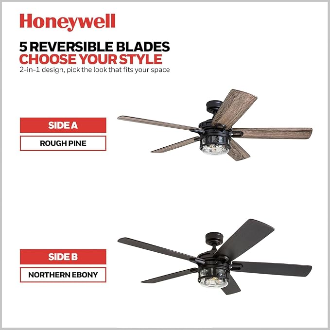 Honeywell Bonterra 52 Inch Ceiling Fan with LED Light and Remote Control, 5 Blades, Modern Fan for Rooms Over 400 Sq Ft, Matte Black