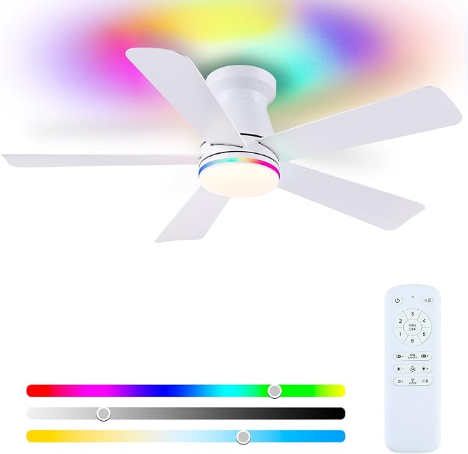 Hounberi 46 Inch Flush Mount Ceiling Fan with RGB Light and Remote, Modern White Low Profile Ceiling Fan for Low Ceilings, 3CCT Dimmable LED, 6 Speeds Quiet Reversible Motor for Bedroom & Living Room