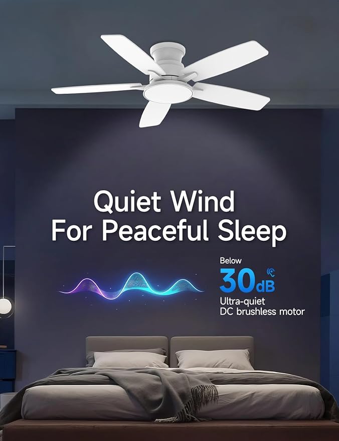 Flush Mount Ceiling Fan with Light, 42 Inch, Remote Control, 3CCT Dimmable LED, 6-Speed Silent Reversible DC Motor, Low Profile Hugger Ceiling Fan for Indoor/Outdoor 90-264V 50/60Hz Fresh White