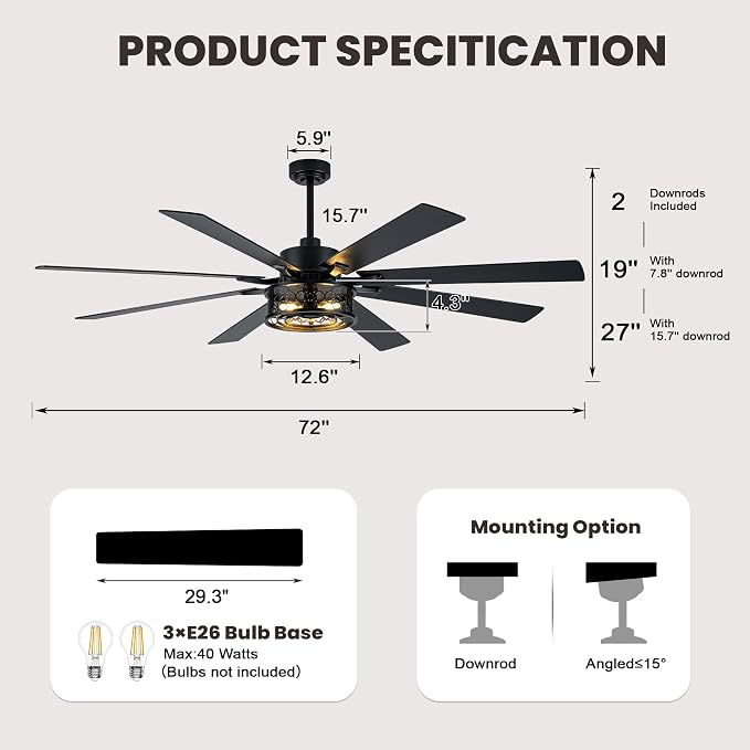 Dawn Whisper 72 Inch Ceiling Fans with Lights Black Farmhouse Ceiling Fan with Remote Quiet Reversible DC Motor 6 Speeds 8 Blades