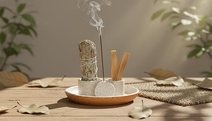 4-in-1 Ceramic Incense Holder Set for Sage, Palo Santo & Sticks – Modern Smudge Kit Burner Tray for Meditation, Yoga & Home Décor