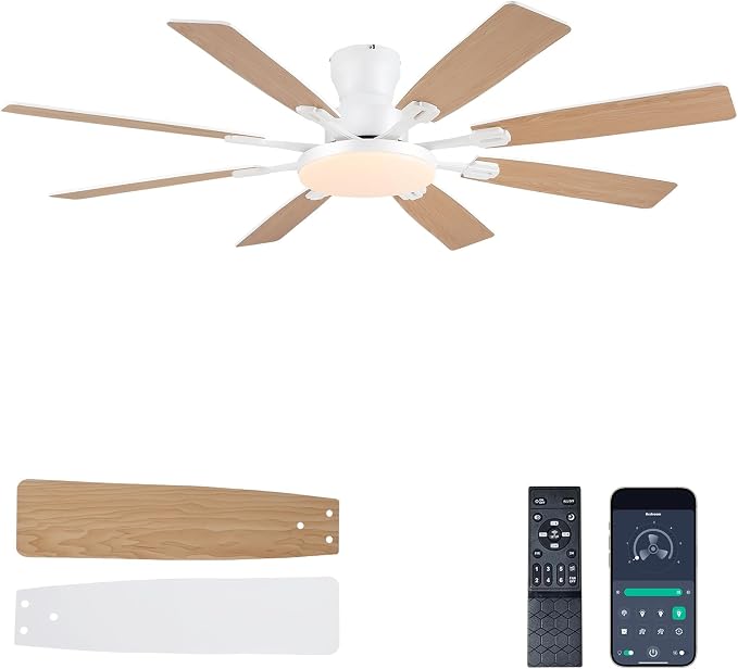 JSAITEE 60Inch Ceiling Fan with Lights Low Profile Flush Mount Woodgrain | Ceiling Fans,DC Reversible Motor Noiseless, 3CCT Dimmable, Dual Finish, 6 Speeds Ceiling Fan for Indoor/Outdoor