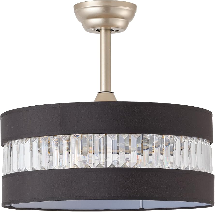 Black and Gold Crystal Fandelier Ceiling Fans with Lights, 20" Farmhouse Rustic Ceiling Fan with Light Remote Control, Caged Mid-Century with 6 Speeds for Bedroom, Nursery, Living Room