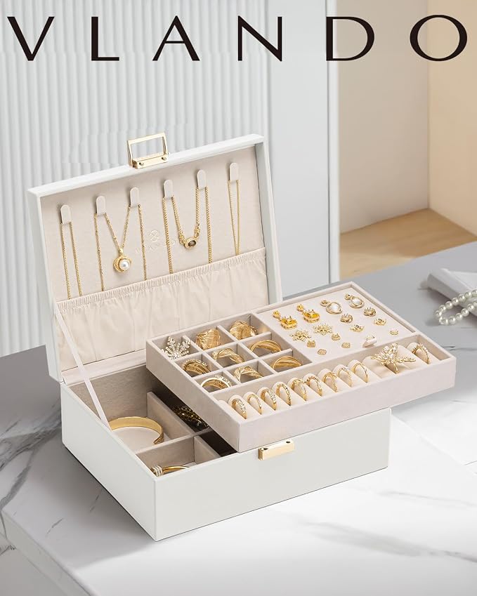VLANDO Jewelry Box for Women, Gift for Women Girls,2 Layer Jewelry Box,Large Jewelry Organizer for Women Removable Jewelery Tray for Necklace Earrings Rings (Cloud White)