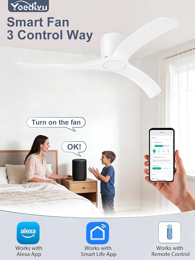 52 Inch Smart Ceiling Fans Without Lights, Low Profile Flush Mount Ceiling Fan with Alexa & Remote Control, 6 Speed Reversible Quiet DC Motor, White Ceiling Fan for Bedroom Living Room Patio