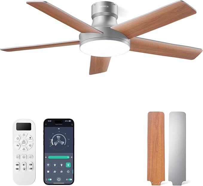 AKOFUN Ceiling Fans with Lights and Remote, Low Profile Ceiling Fan with Light, 6 Speed, Dimmable, DC Motor, Quiet, Timer, Modern LED Ceiling Fan for Bedroom Living Room 44 inch, Silver