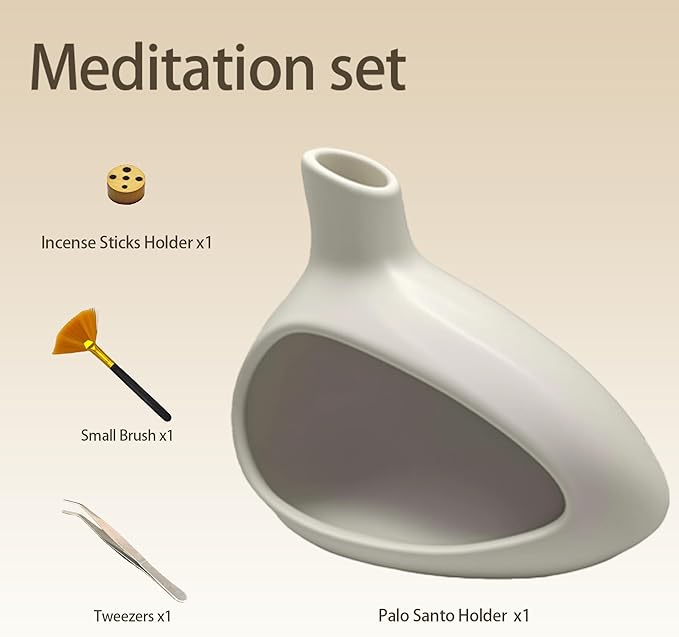 Palo Santo Holder, Ceramic Incense Burner for Sticks Sage Holders Cone Burning Smudge Bowl with Ash Brush for Meditation Yoga Spa Room Decor (White)