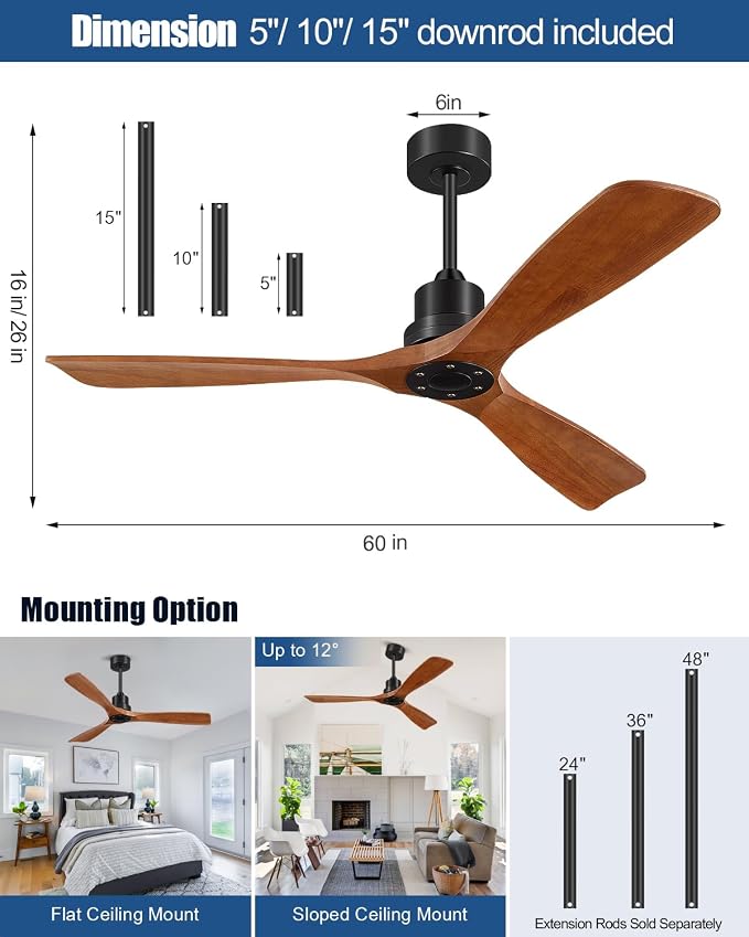 Ceiling Fans With Remote Control, Outdoor Ceiling Fan for Patios Indoor, 3 Downrods, 3 Blades, Timer, 6 Speed Reversible Quiet DC Motor Modern Fan Solid Wood Fan, 60in, Brown