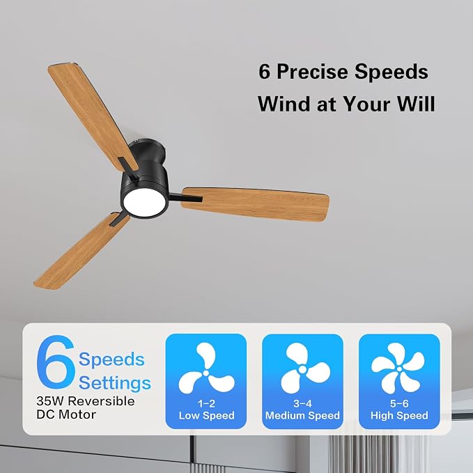 Ceiling Fans with Lights,52 Inch,Quiet Reversible Motor,Easy to Install,6 Speeds,Dimmable,Timer,Black Low Profile Ceiling Fan for Bedroom Living Room,Kitchen,Indoor/Outdoor