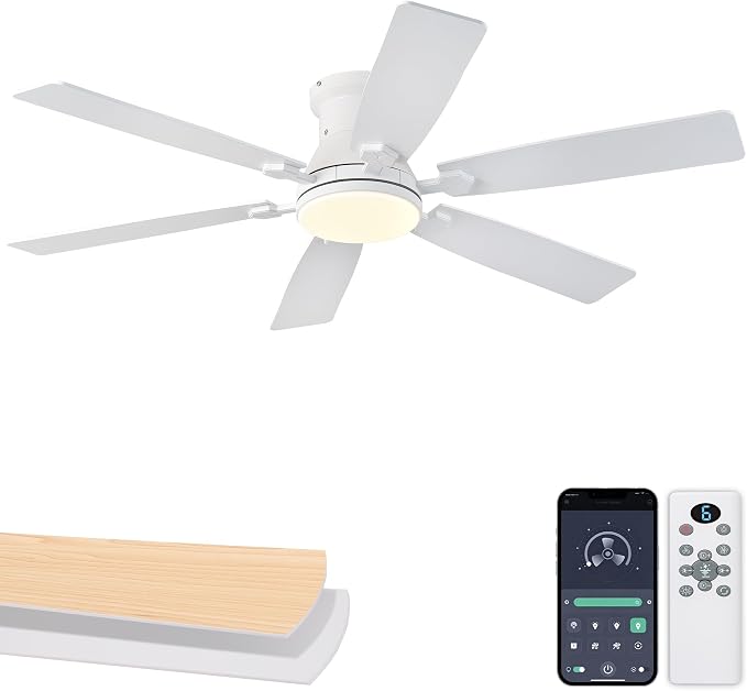 52inch Low Profile Ceiling Fan with Light and Remote/APP Control, LED Dimmable DC ReversibleModern, Flush Mount,6 Blade,White Ceiling Fan for Bedroom Living Room/Outdoor Use