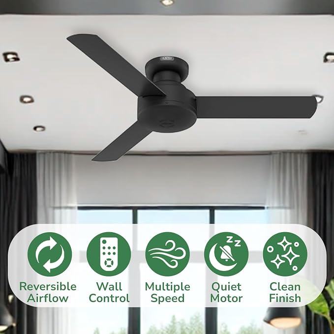 Hunter Presto, Indoor, Ceiling Fan, No Light, Modern, 44 inch, Matte Black | Low Profile Mount, Wall Control, 3 Blades, For Bedroom, Living Room, Kitchen, 52401