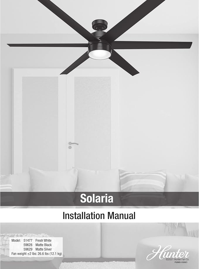 Hunter Solaria, Outdoor or Indoor, Ceiling Fan, Quiet, 72 inch, Matte Black | with LED Light, Standard Mount, Wall Control, 6 Blades, For Patio, Porch, Garage, 59628