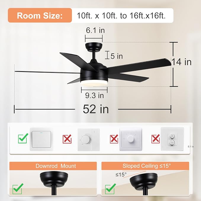 YUHAO 52 Inch Black Ceiling Fan with Light and Remote Control.Noiseless,Dimmable,3CCT,6 Speeds Reversible, DC Ceiling Fans for Indoor or Covered Outdoor Use.ETL Listed