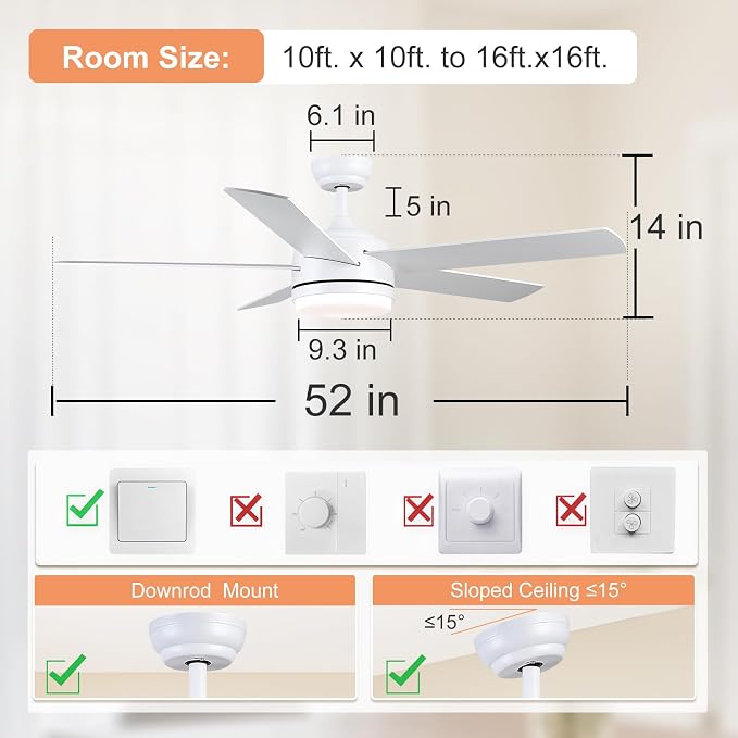 YUHAO 52 Inch White Ceiling Fan with Light and Remote Control.Noiseless,Dimmable,3CCT,6 Speeds Reversible, DC Ceiling Fans for Indoor or Covered Outdoor Use.ETL Listed