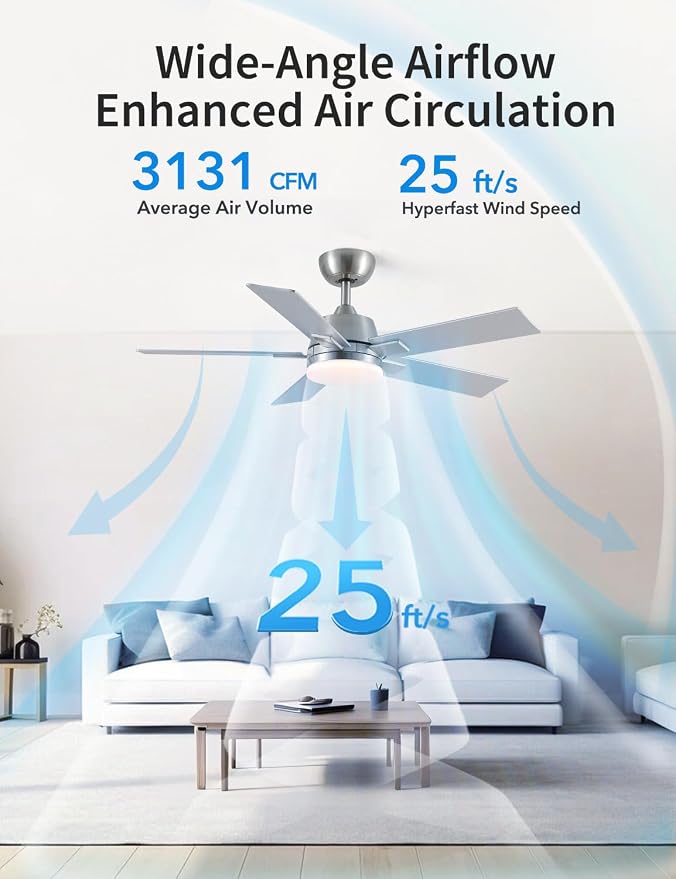 Rayqueen 42Inch Brushed Nickel Ceiling Fans with Lights and Remote,Downrod | 6 Speed Reversible DC motor,3-color temperature dimmable LED.For indoor/covered outdoor.Modern style for bedroom room