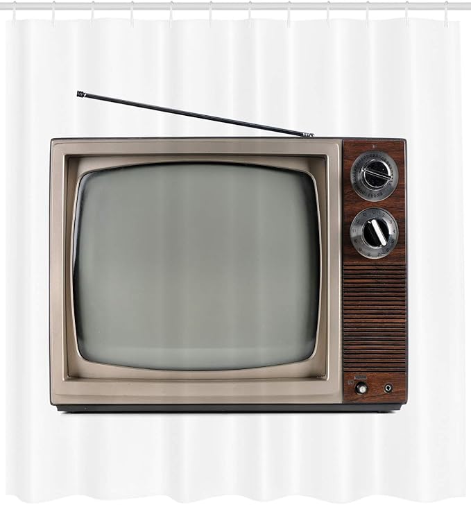 Ambesonne 1950s Shower Curtain, Simple Old Television Antenna Broadcast Display Antique TV Historic Movie Screen on Plain Background, Cloth Fabric Bathroom Set with Hooks, 69" W x 75" L, White Umber