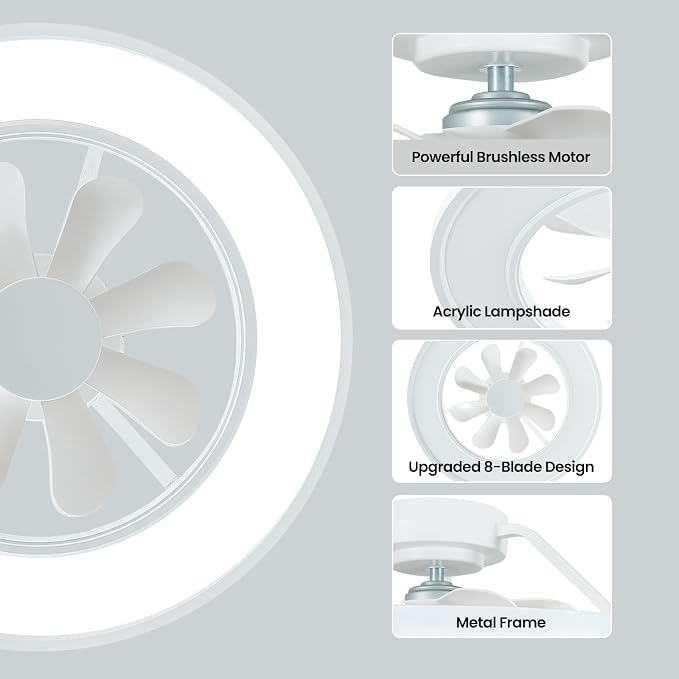 20'' RGB Ceiling Fans with Lights and Remote, Low Profile Ceiling Fans, 3000-6000K Dimmable Modern Flush Mount LED Fan Light, Bladeless Fandelier Ceiling Fan for Bedroom, Living Room, White