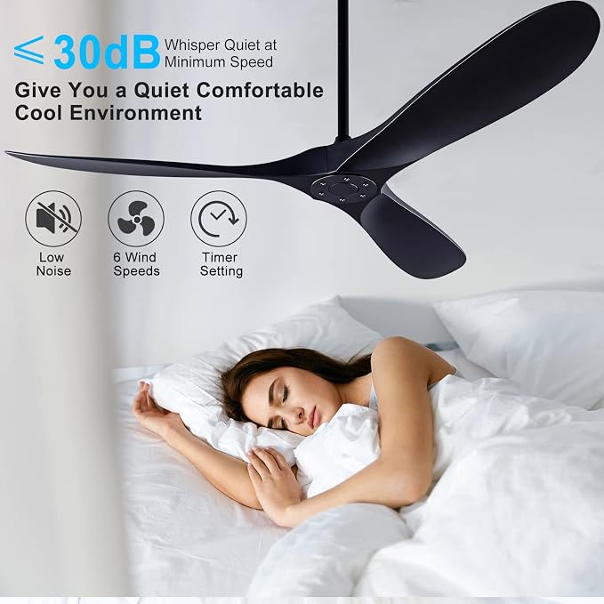 QUTWOB 60" Ceiling Fan with Remote Control No Lights,Modern Reversible DC Motor Indoor Outdoor 3 Blades Ceiling Fans for Patio Bedroom Living Room(Black)