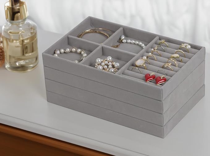 Set of 4 Stackable Jewelry Trays Organizer, Velvet Earring Organizer, Jewelry Organizer Showcase Display Drawer Organizer Storage, Earring Holder Necklace Bracelet Ring Accessary Organizers (Gray)