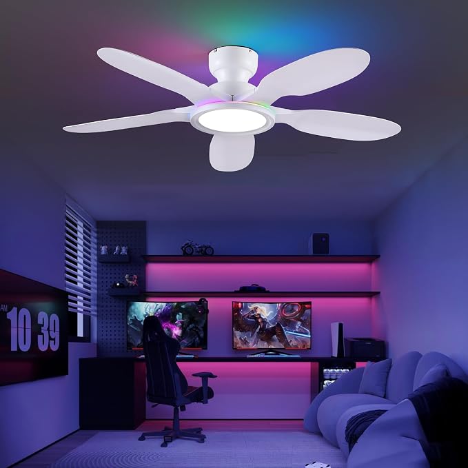 Kviflon 52 Inch Ceiling Fans with Lights and Remote/APP Control, Low Profile Ceiling Fans with Dimmable White + RGB Ring Lights, 6 Speeds 5 Curved Blades for Kids Room Bedroom Bar, White