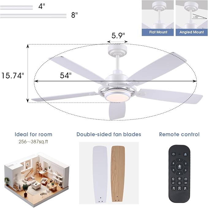 SHIHOT 54" White Modern Ceiling Fans with Lights&Remote for Bedroom Kitchen | 6 Wind Speeds, Reversible, Dimmable 3 Light Colors LED Light, 30W Noiseless DC Motor,5 Double-Sided Blades,2H Timer