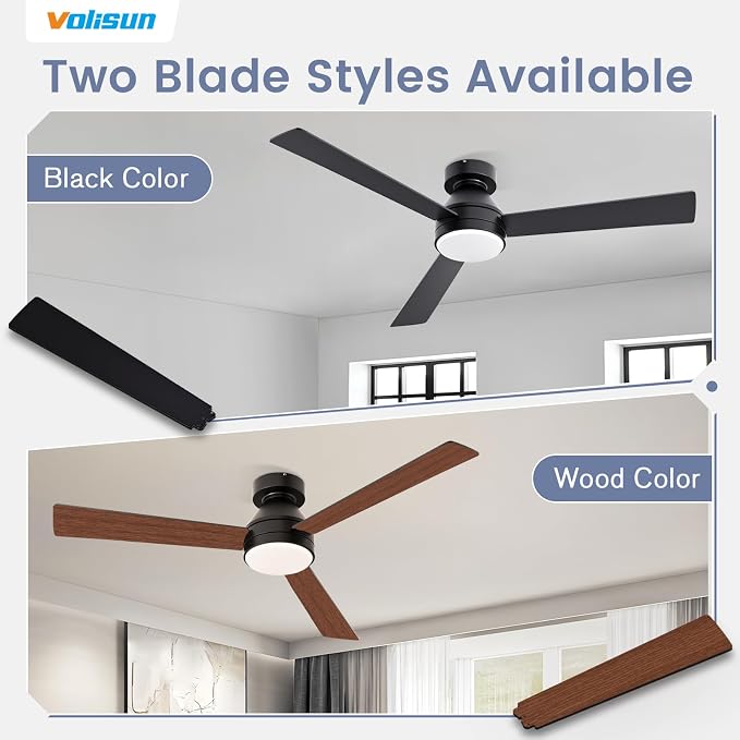 VOLISUN Ceiling Fans with Lights Flush Mount, 52 inch Low Profile Ceiling Fan with Light and Remote, Queit & Reversible Motor,3CCT, Dimmable, Black Modern Ceilings Fans for Bedroom, Living Room