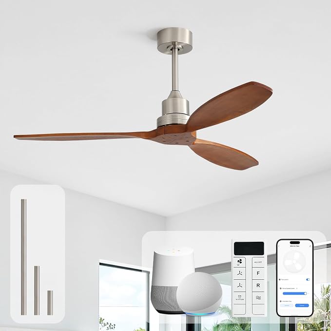Sofucor 52 Inch Smart Ceiling Fans no Light, Works with App/Alexa/Google, Dimmable 6-Speed Outdoor Wood Ceiling Fan with Remote for Indoor Bedroom Living Room Outdoor Patio Porch